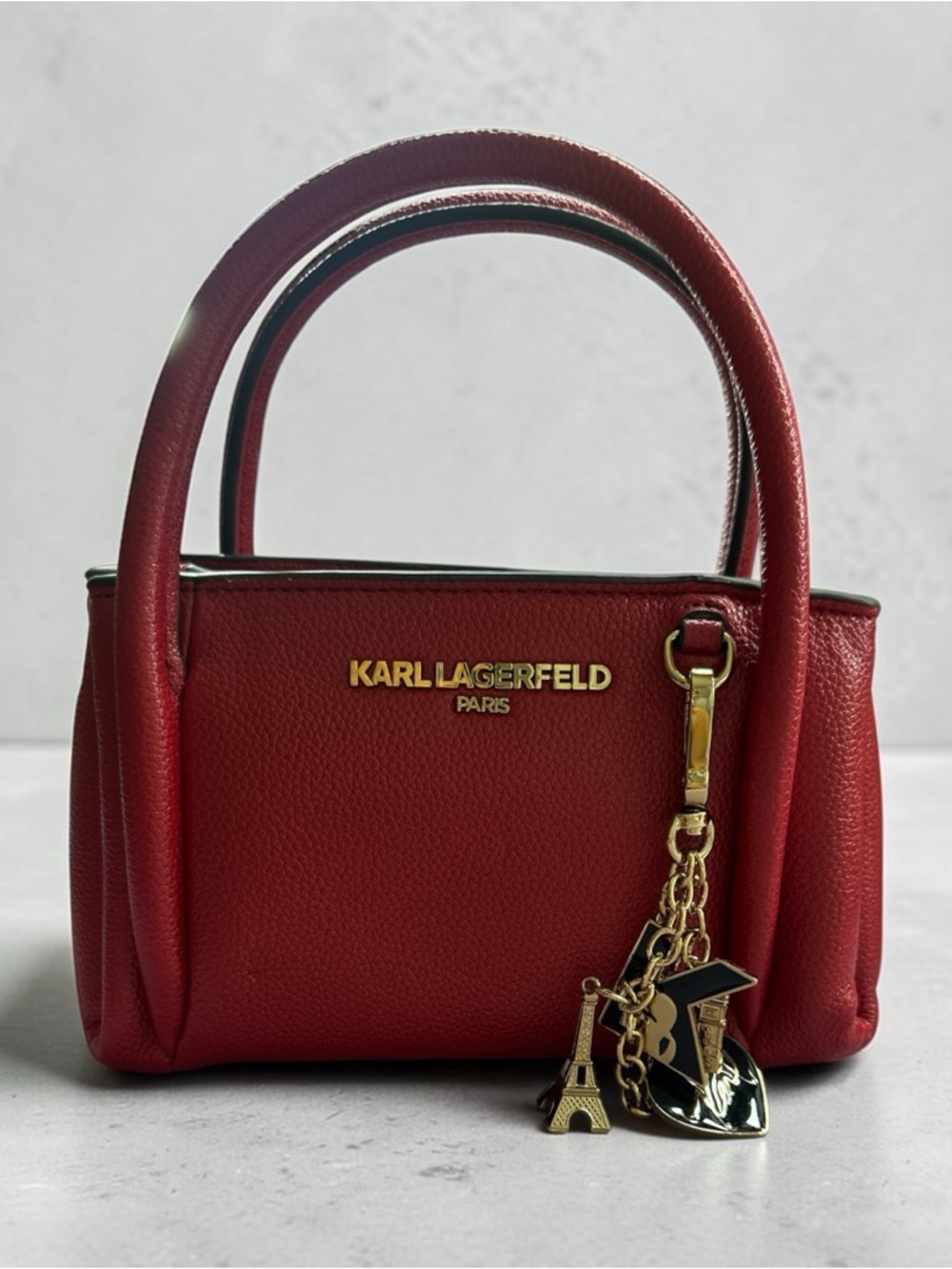 Karl Lagerfeld Red Pebbled Leather Satchel with Gold Charm